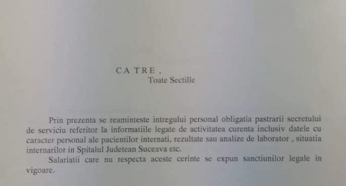 Managerul interimar al Spitalului Judetean de Urgenta „Sfantul Ioan cel Nou” Suceava doreste stoparea informarii din infernul de la Suceava/ Incalcarea Legii 182/2002 privind protectia informatiilor clasificate art 33