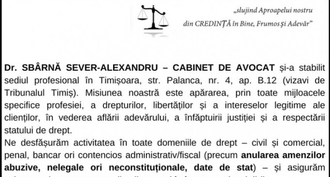 ANUNT – Dr. SBÂRNĂ SEVER-ALEXANDRU – CABINET DE AVOCAT