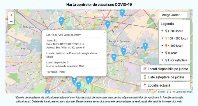Hartă interactivă a centrelor de vaccinare, pe tipuri de vaccin, în platforma de programare – Coronavirus