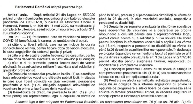 O zi liberă pentru persoanele care se vaccinează. Legea, în Monitorul oficial – Finante – Banci