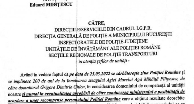 „Suntem curioși dacă șefii colegilor noștri din teritoriu se vor face că plouă și că nu vor avea posibilitatea să identifice subordonați care s-au remarcat în mod deosebit în activitatea profesională”