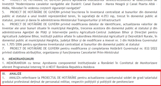Proiectul de hotărâre pentru actualizarea cuantumului soldei de grad/salariului gradului profesional deținut de personalul militar, respectiv polițiștii şi polițiștii de penitenciare inițiat de M.Ap.N. M.A.I., S.R.I., S.I.E., S.P.P., S.T.S., A.N.P. și A.N.R.S.P.S.
