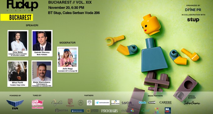 Fuckup Nights Bucharest, ediția XIX-a: Mihai Panfil – fondator Origo Coffee, Gina Matei – Leadership Coach și cofondator al Performant Company, Gabriel Diaconu – Medic Psihiatru și Matei Stănculescu – Psihoterapeut și cofondator al Centrului Eka, ne dezvăluie o nouă perspectivă asupra eșecului